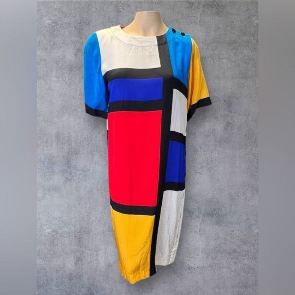 1980s Mondrian Block Print Silk Shift Dress